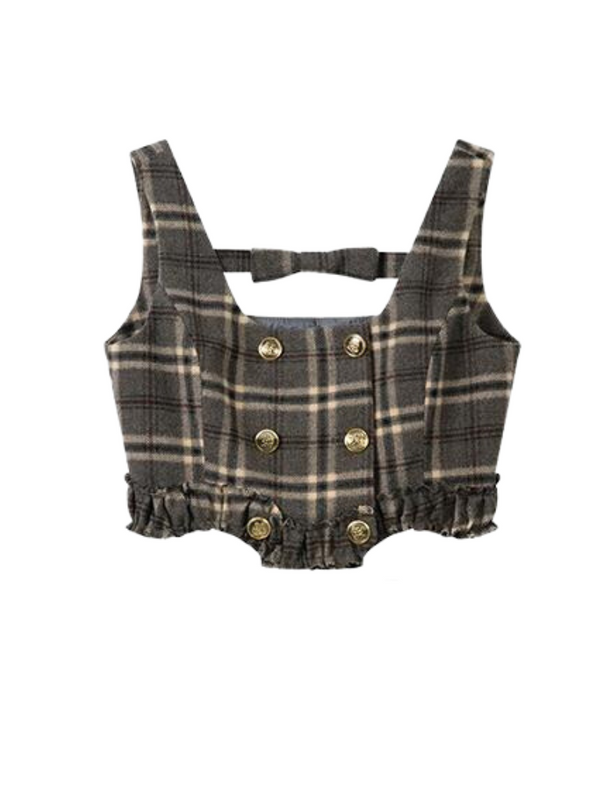 Bretelles à carreaux rétro marron + jupe à carreaux