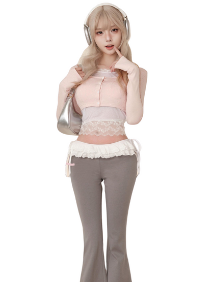 Slim top + lace camisole + ribbon casual pants