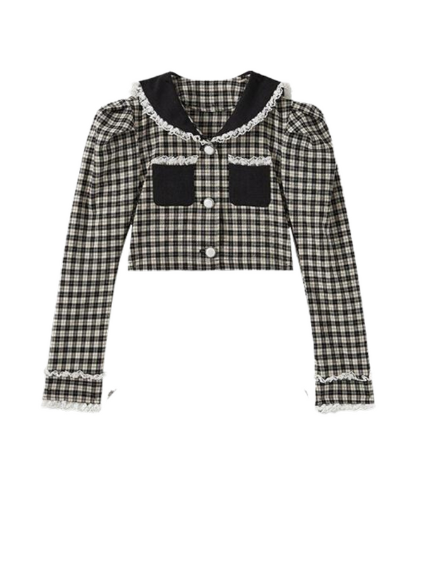 Check Ruffle Puff Sleeve Jacket + Charm Check Skirt