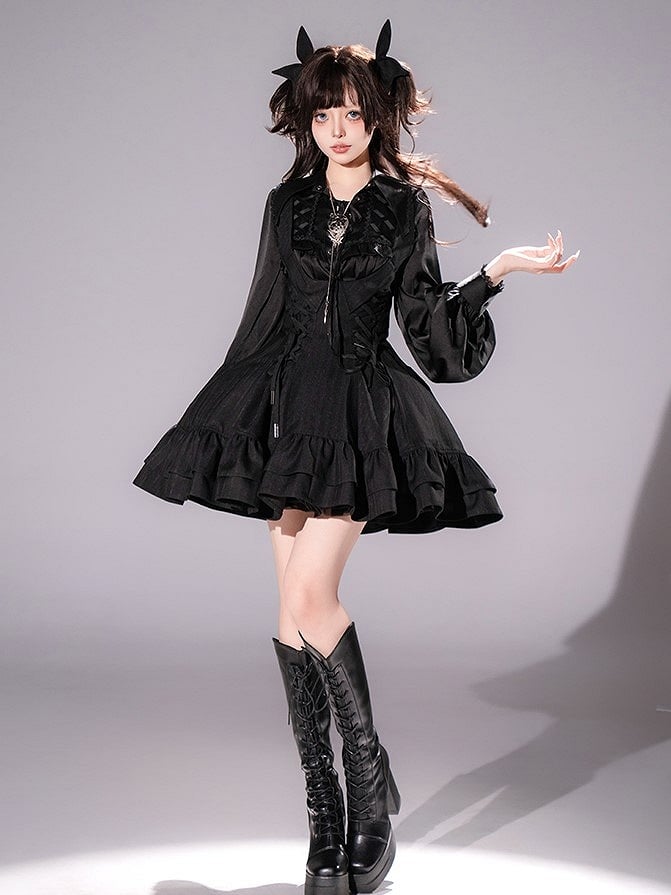 【12月29日予約締切】ゴシックロリータダークカラーストライプバッククロスフリルサスドレス