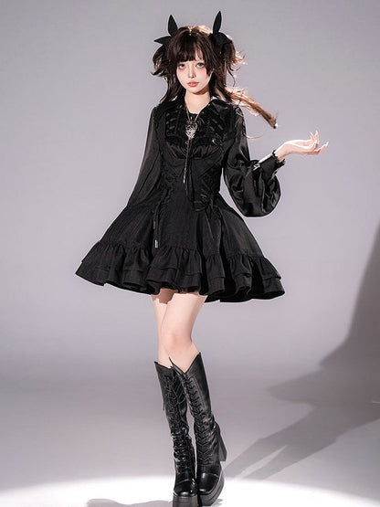 【12月29日予約締切】ゴシックロリータダークカラーストライプバッククロスフリルサスドレス