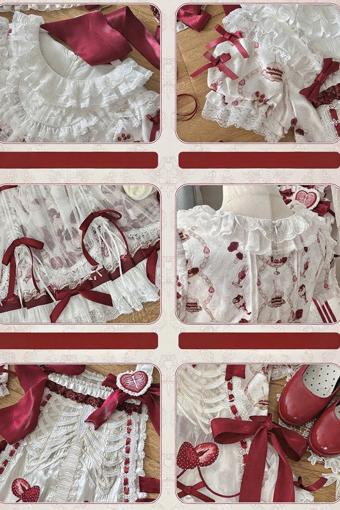【11月4日予約締切】Strawberry Print Sweet Lolita Lace Bow JSK Dress + Puff Sleeve Lace Bow Doll Dress with Bone Embroidery Apron