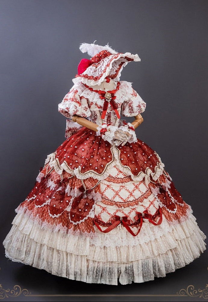 【9月10日予約締切】Red/Platinum Gold Rococo Fantasy Puff Sleeve Ribbon Tiered Princess Lolita Dress Bridal＋Full set[Op Dress + Feather Hat + Choker + Back Ribbon Train + Lace Gloves]