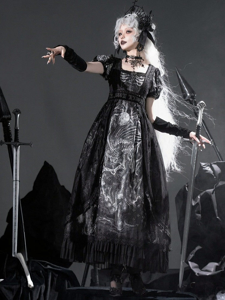 [Vorbestellung bis 8. Juni] Phantom Night Dark Gothic Square Neck Layered Kleid (mit Choker und Taillengürtel)
