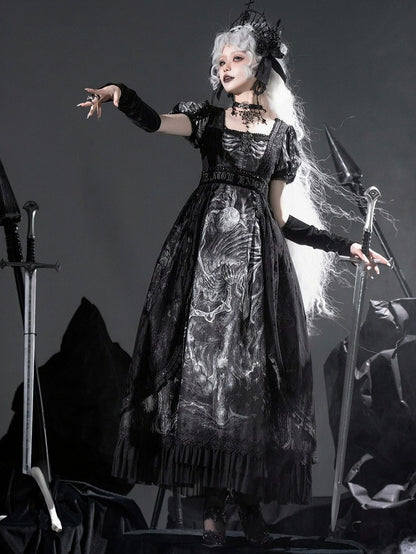 [Vorbestellung bis 8. Juni] Phantom Night Dark Gothic Square Neck Layered Kleid (mit Choker und Taillengürtel)