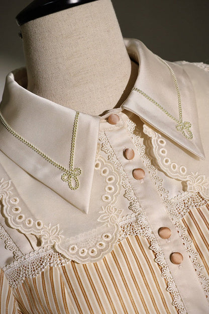 [Reservation Deadline: November 6] Beige Striped Short-Sleeve Lolita Shirt with Beautiful Embroidery and a Layered Lace Collar + Pair of Detachable Long Sleeves + Long-Sleeve Shirt (with Detachable Embroidered Collar)