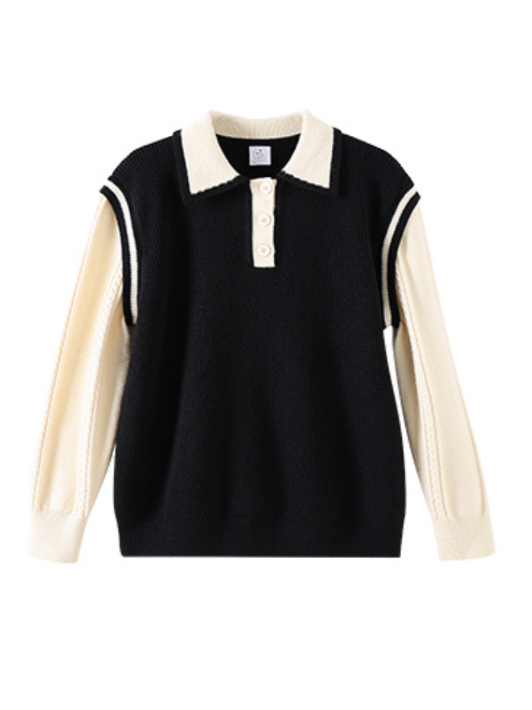 Polo collar faux two-piece knit sweater