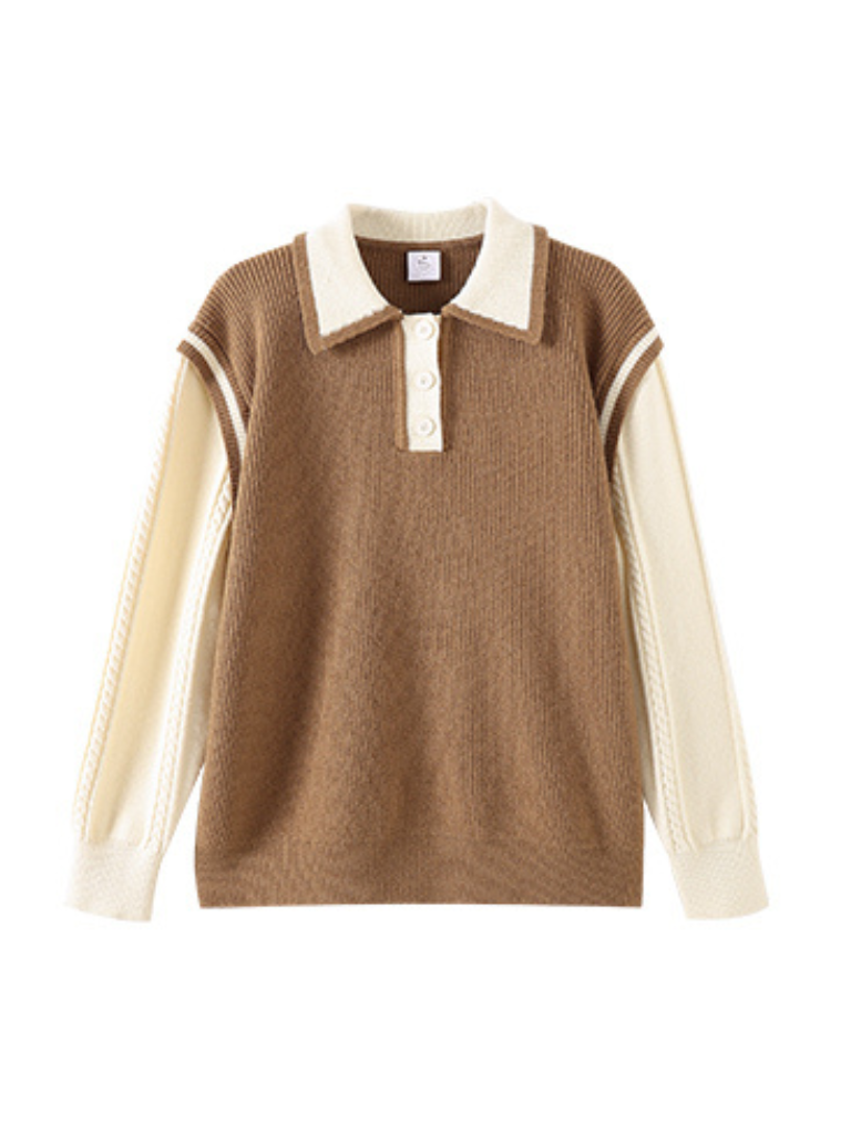 Polo collar faux two-piece knit sweater