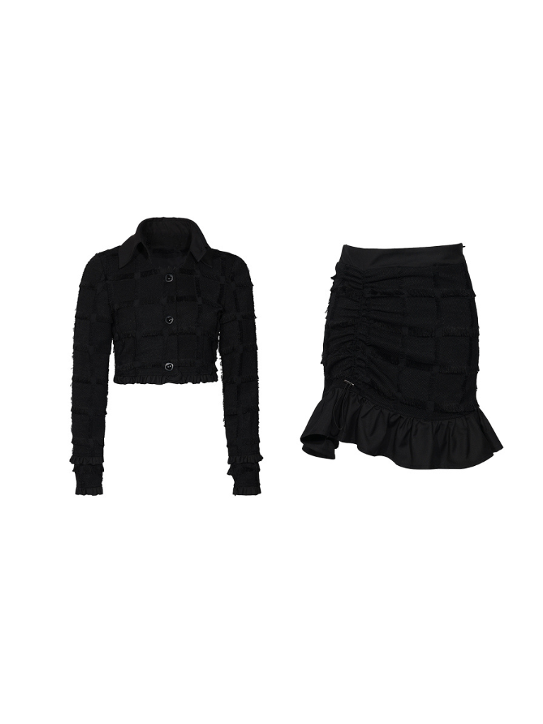 Chic Dark Short Tops + Frill Tight Skirt