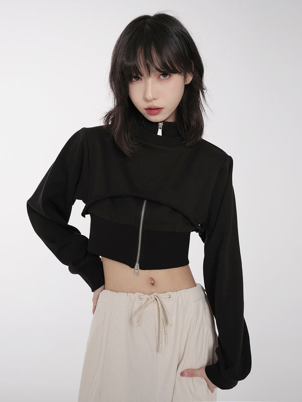 フェイクツーピースショートスタンドカラースウェットシャツ