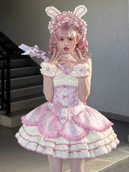 【12月17日予約締切】ピンクフローラルスイートロリータティアードドレス＋うさ耳ボンネット＋アクセサリー