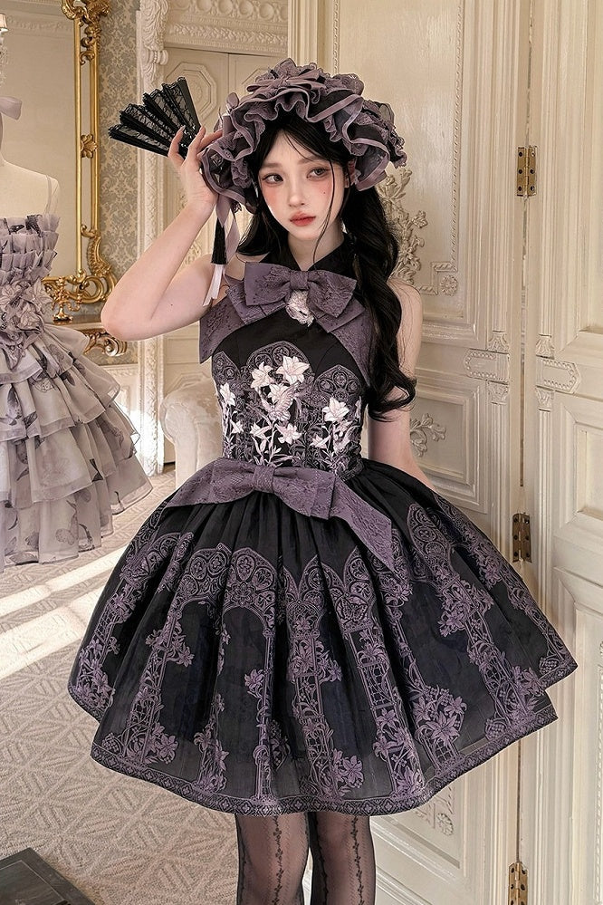 [Scadenza prenotazioni 98] Abito Lolita stile cinese con scollo all'americana, fiocco e ricamo giglio effetto vetrata, nero x viola / bianco x viola