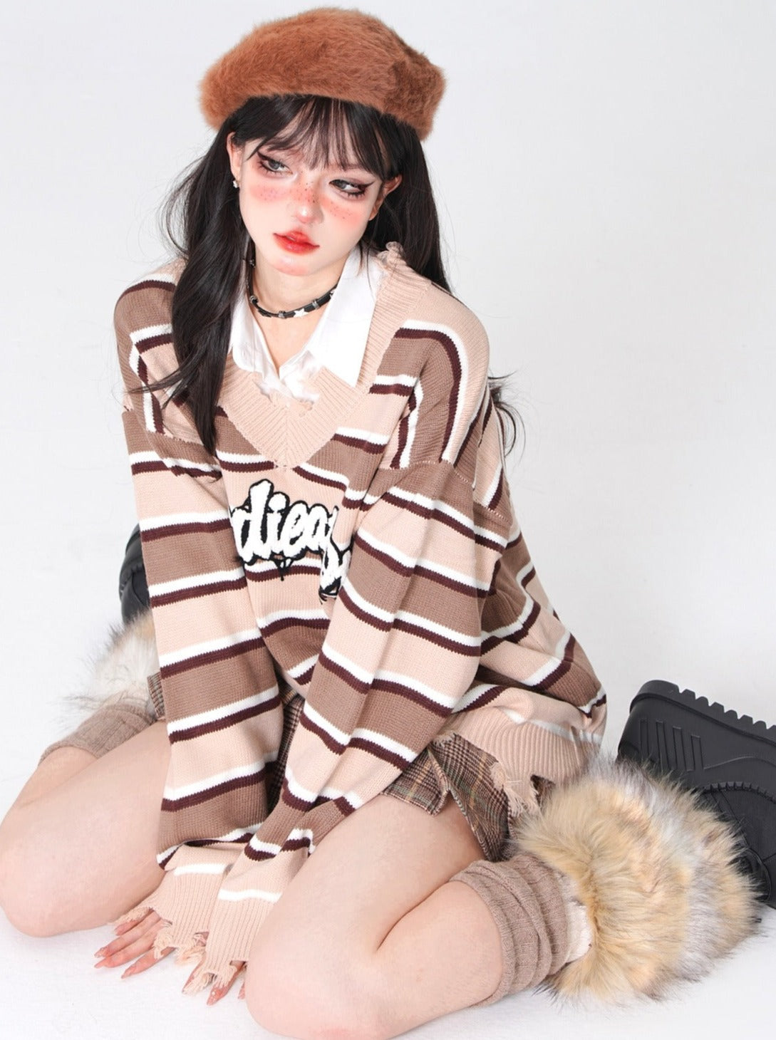 Brown Striped V-Neck Pullover Sweater