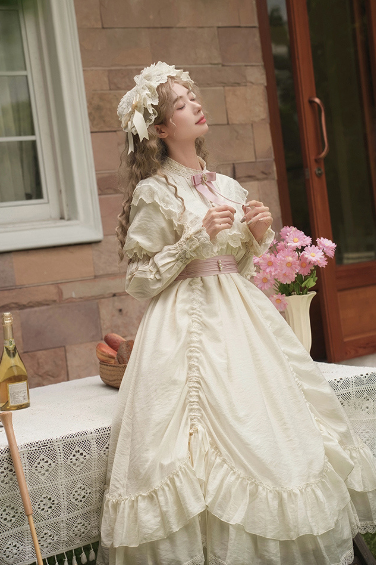 【予約商品】ローズフリルロリータドレス+ドレス＋ベルト＋ブローチ＋リボン＋ヘッドバンド＋スリーブ