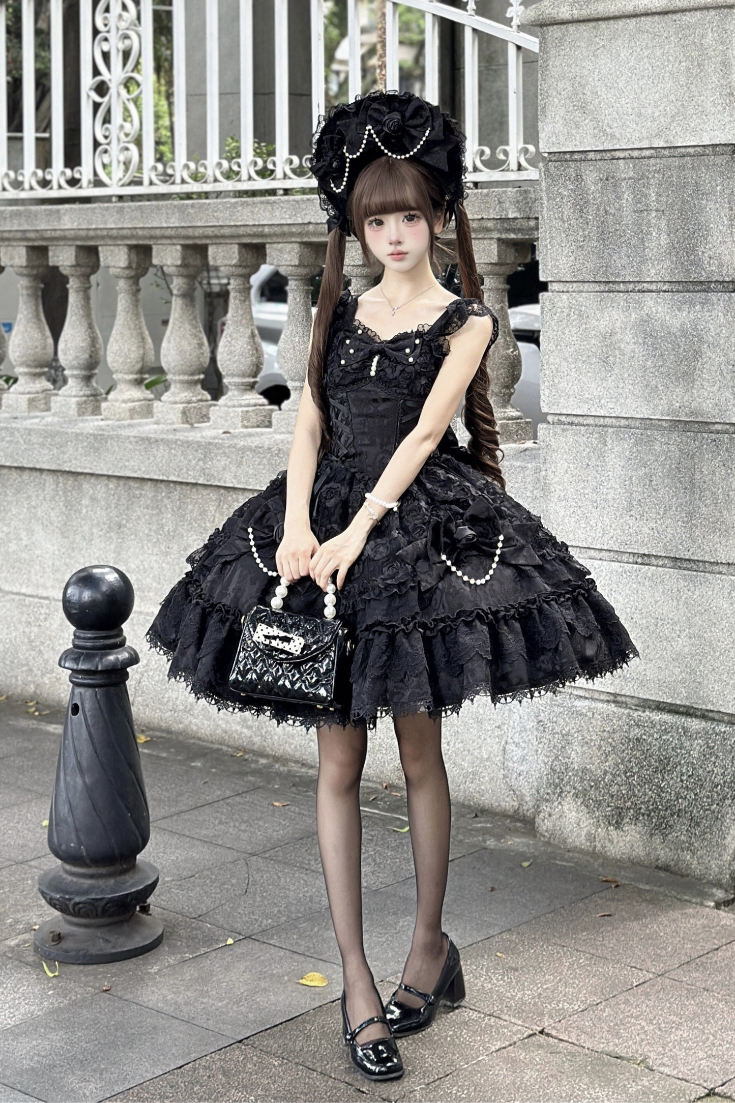 ローズフリルプリンセスジャンパースカート+バッグリボン+ボンネット