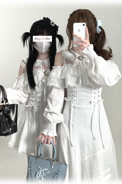 오프숄더 레이스업 레이스 원피스