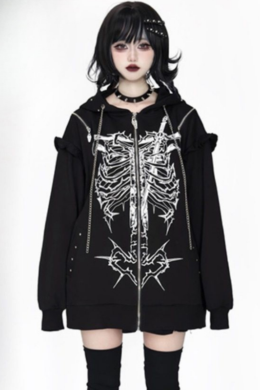 Bone Piercing Chain Hooded Jacket