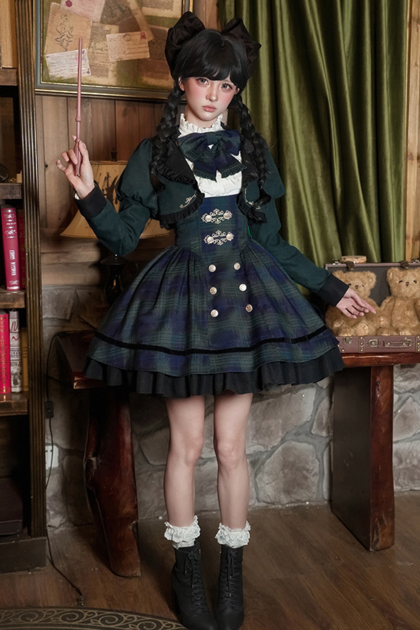 レトロカレッジスタイルチェックロリータスカート＋ジャケット＋マント＋ブラウス＋リボン＋ネックレス