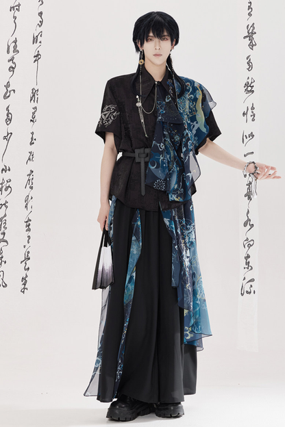 ダークチャイナシャツ+ワイドレッグパンツ+チェーン+ベルト