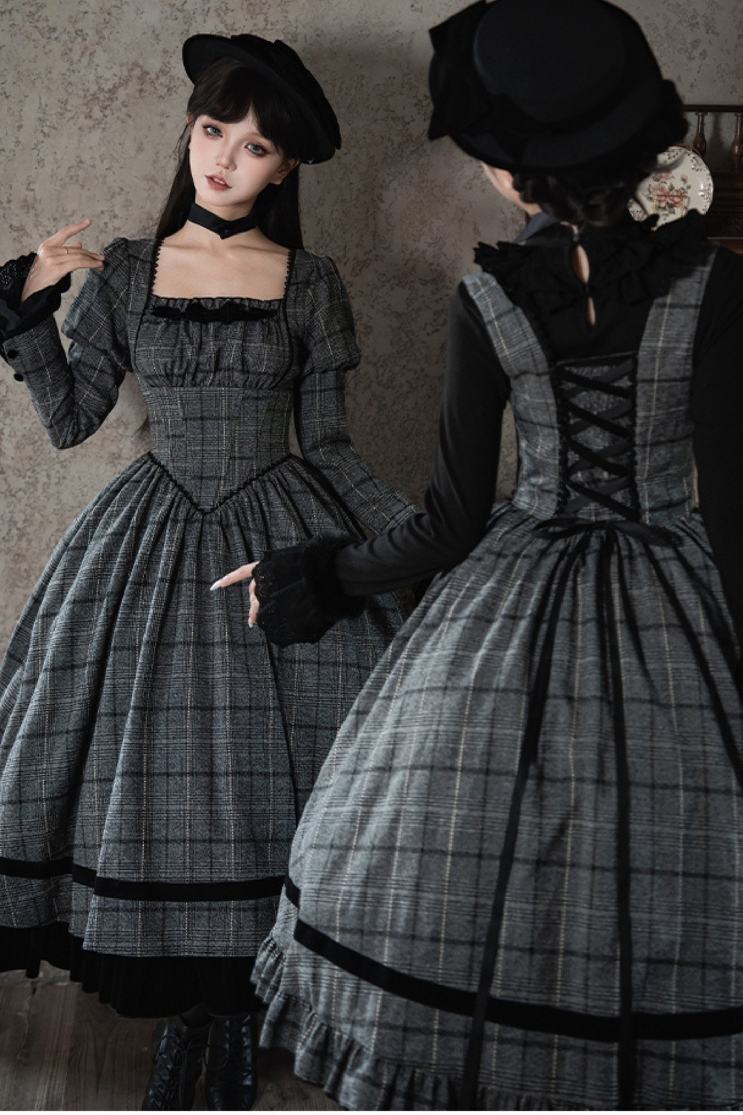 Check Fishbone Chest JSK + Dress + Innerwear + Ribbon + Hat