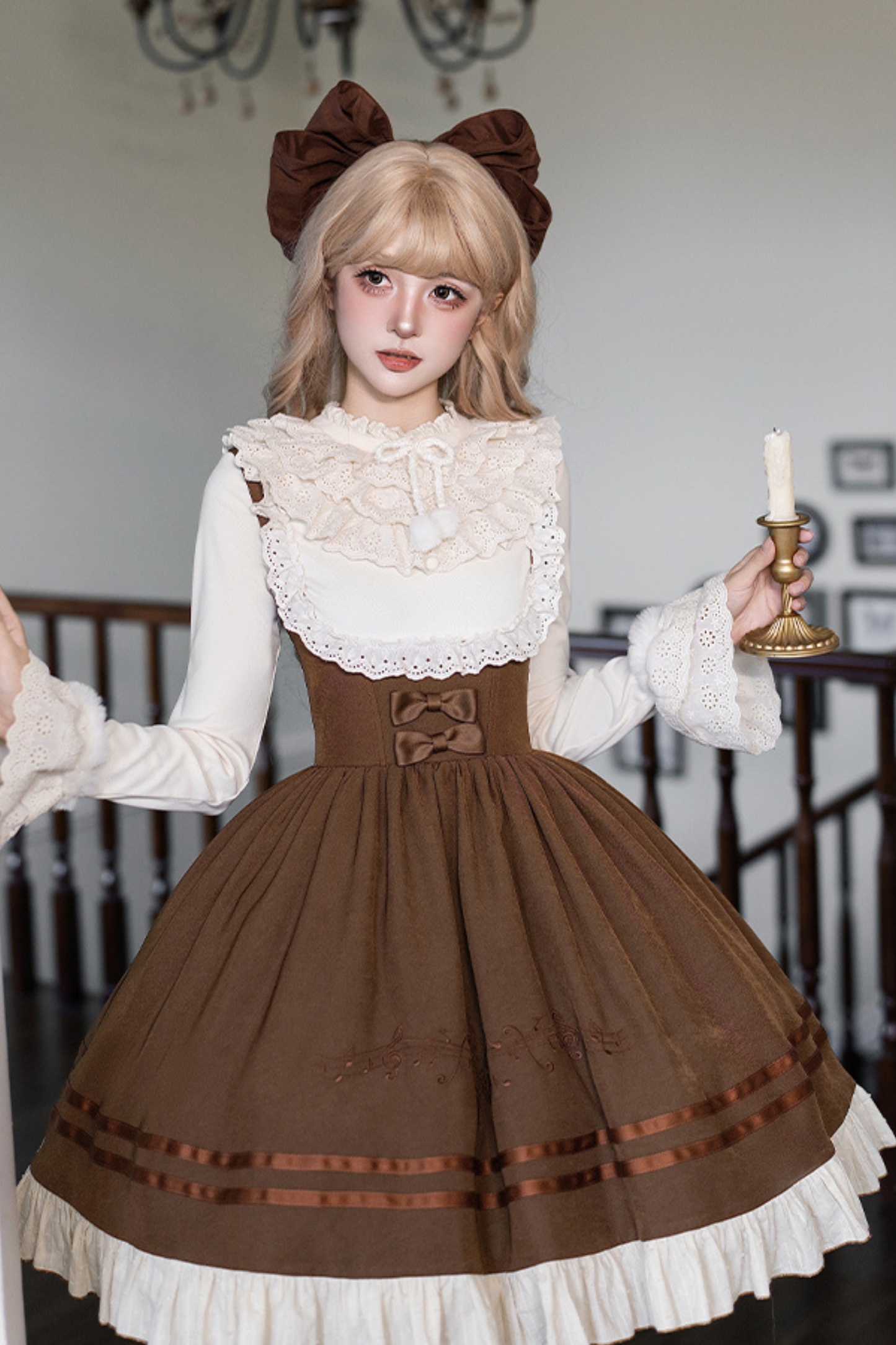 ツインフリルドールジャンパースカート+トップス+リボン+ハット