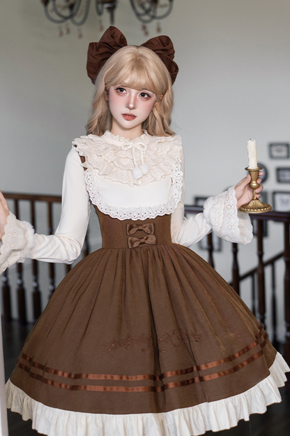 ツインフリルドールジャンパースカート+トップス+リボン+ハット