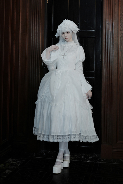 White gothic gemini Lolita dress + corset + ribbon + hair band + veil
