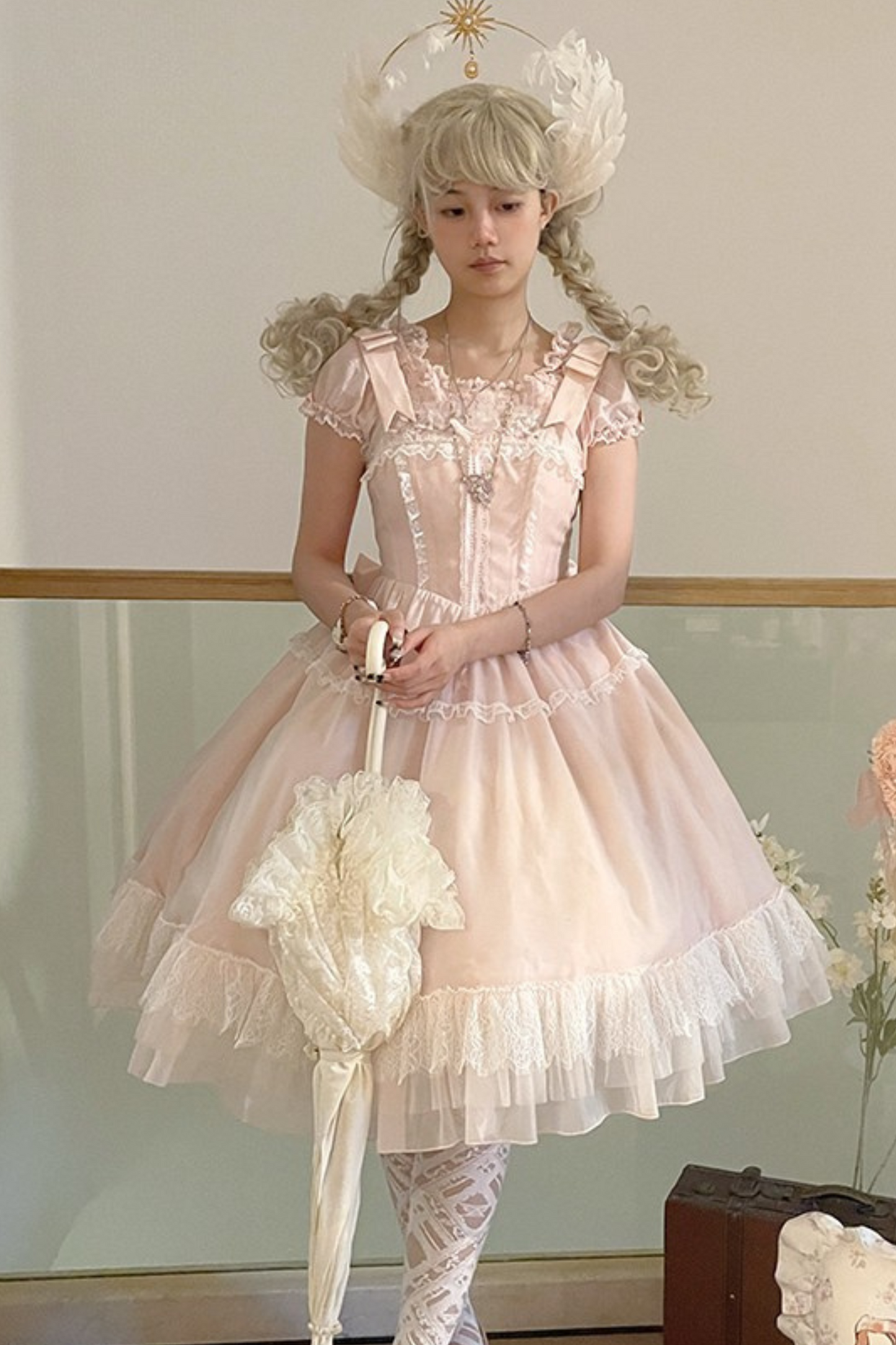 Cherry blossom color sweet princess Lolita dress + doll color top + sheer cardigan + apron