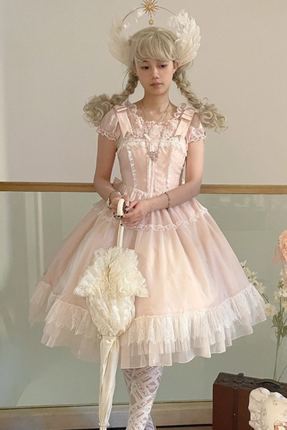 Cherry blossom color sweet princess Lolita dress + doll color top + sheer cardigan + apron