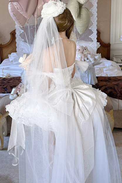 [Vorbestellung bis 4. April]Weißes Feder-Zeremonienkleid + Schal + Schwanz + Schleier + Schleife + Ärmel