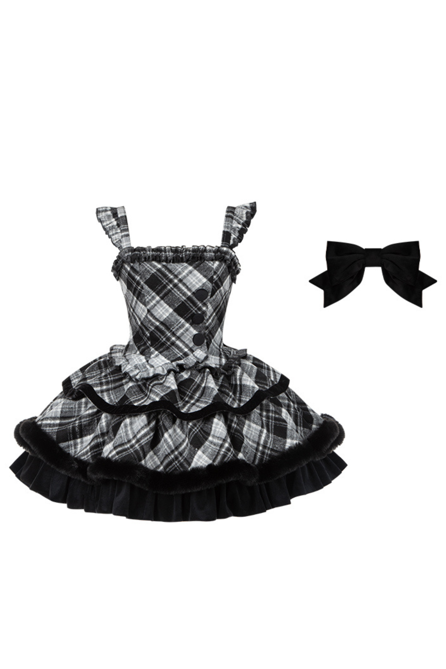 チェックドールジャンパースカート+リボンブローチ+ピン+ラブブローチ+ショール+トップス+レッグカバー