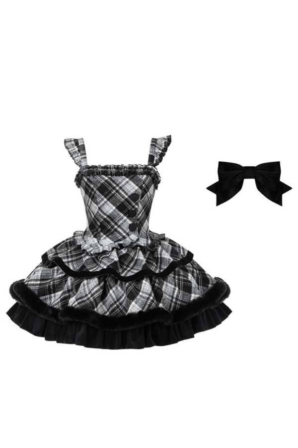 チェックドールジャンパースカート+リボンブローチ+ピン+ラブブローチ+ショール+トップス+レッグカバー