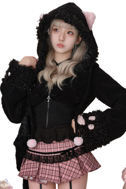 Dark Cat Hoodie + Check Skirt + Camisole