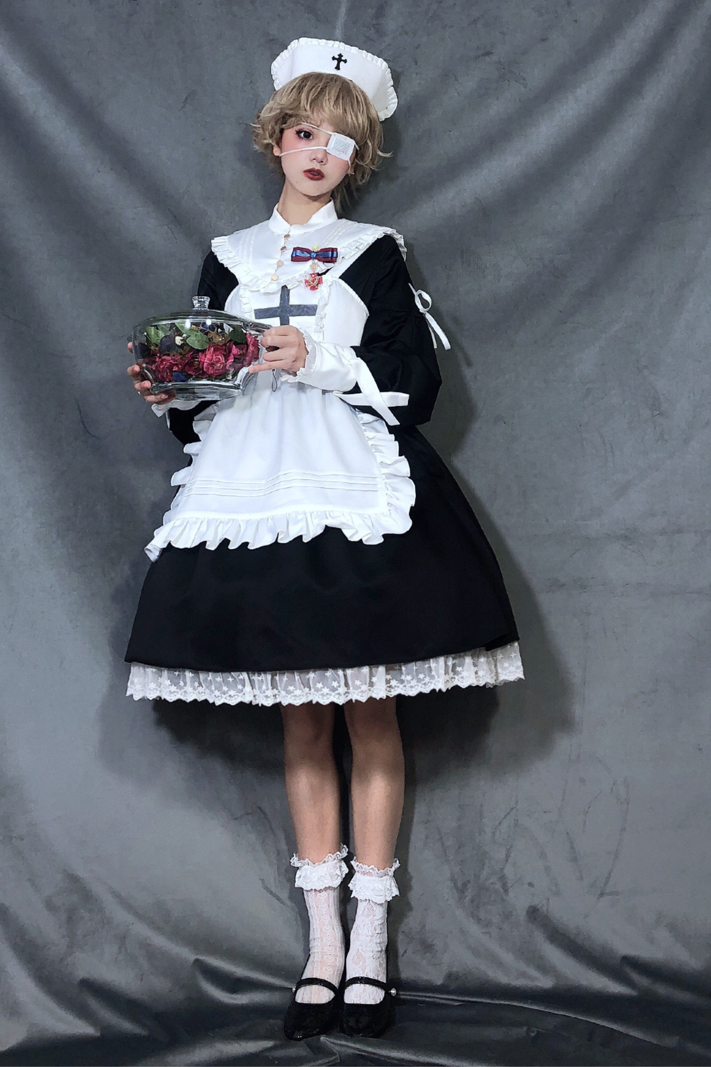 ランタンエンジェルメイドロリータドレス＋エプロン＋つけ襟