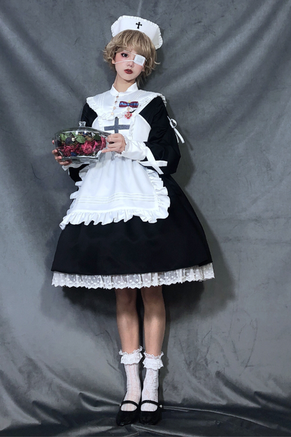 ランタンエンジェルメイドロリータドレス＋エプロン＋つけ襟