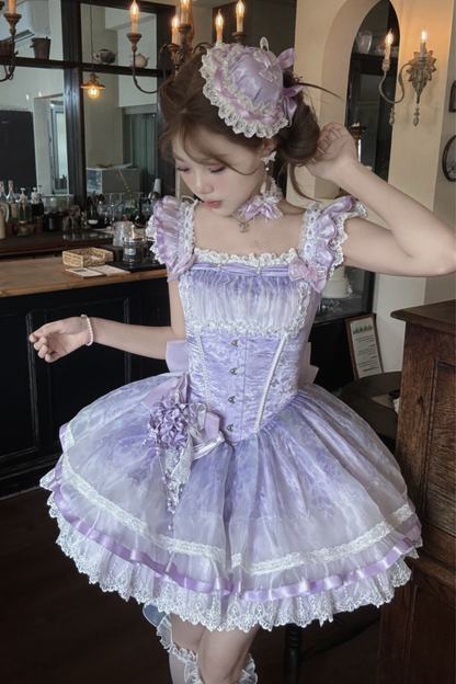 【予約商品】バレエスタイルエレガントドレス+ハット+ヘアバンド+リボンテール