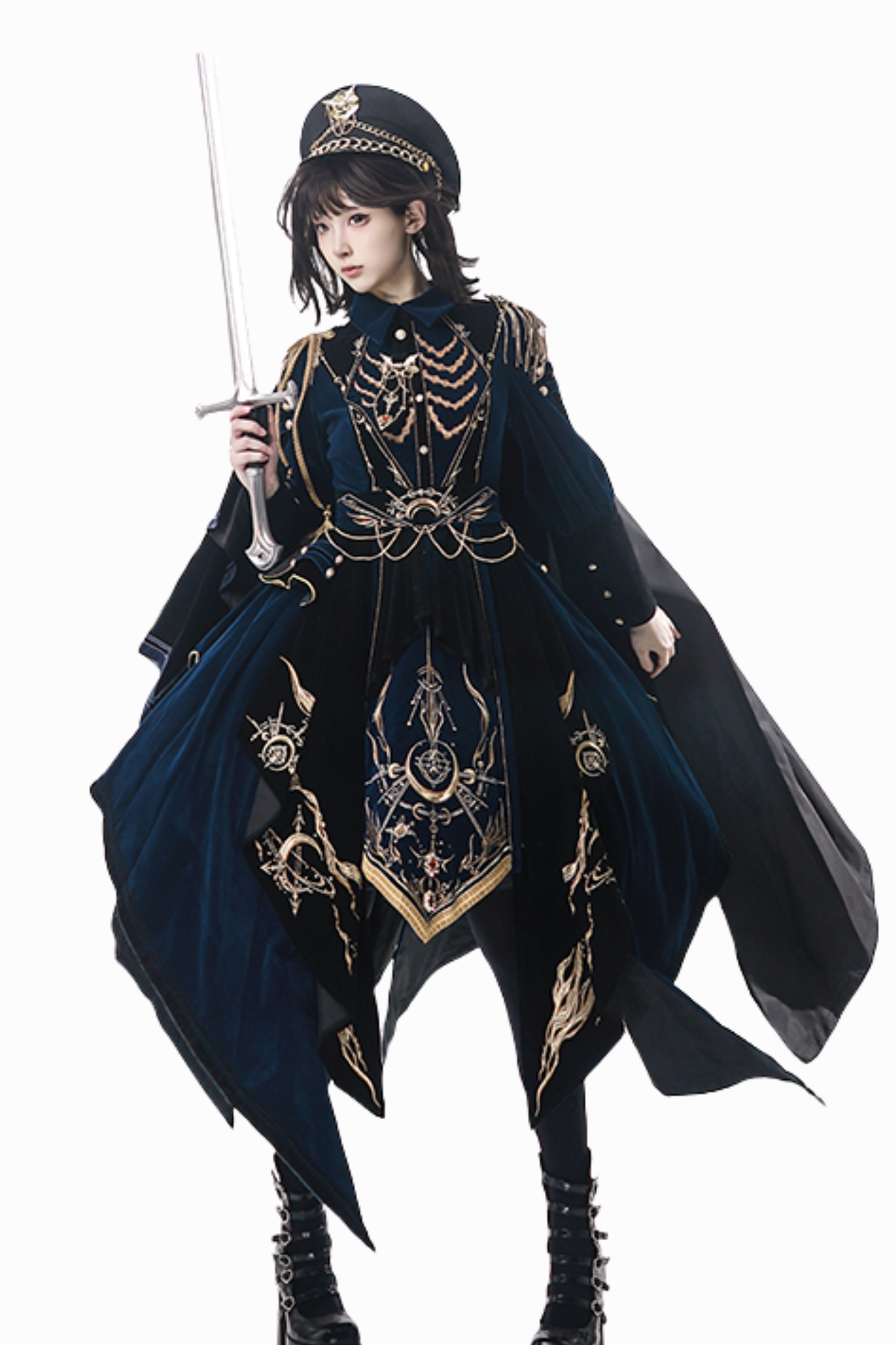 [Deadline for pre-order on November 16th] Holy army blue black embroidered military cape dress complete set + dress set