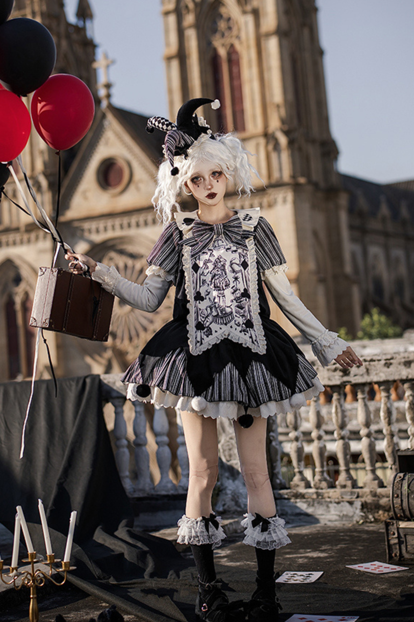 ドールサーカスピエロロリータドレス+カチューシャ+ベルト+リボン+カチューシャ+バッフル