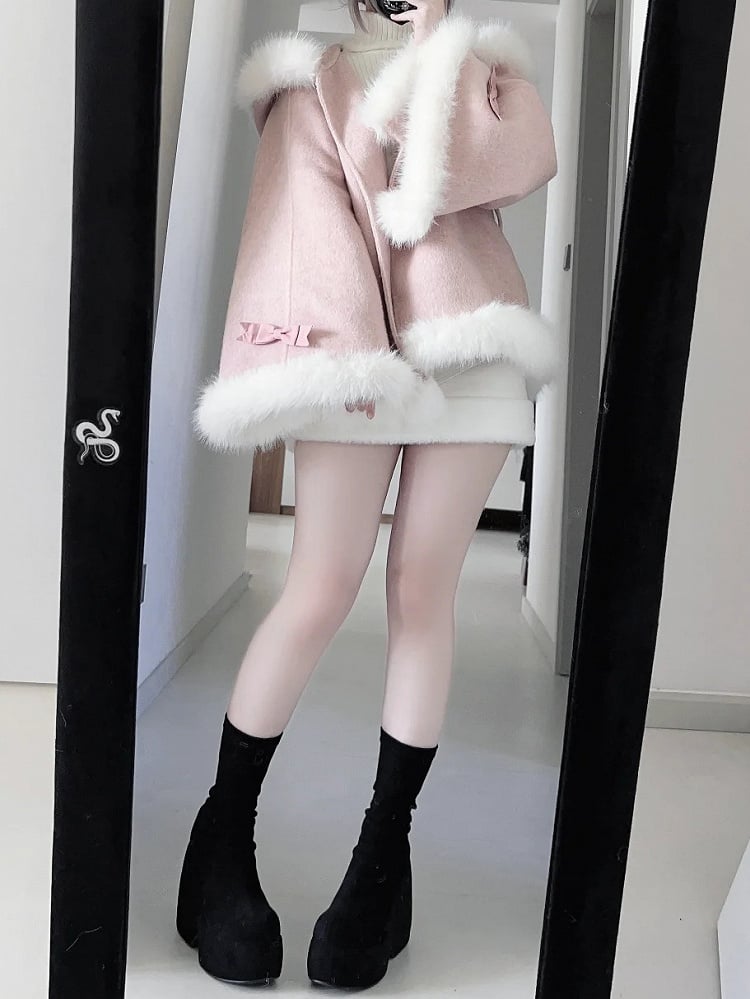 [Deadline for reservations: December 18] Bunny Ear Hoodie Fur Ribbon Cape Coat
