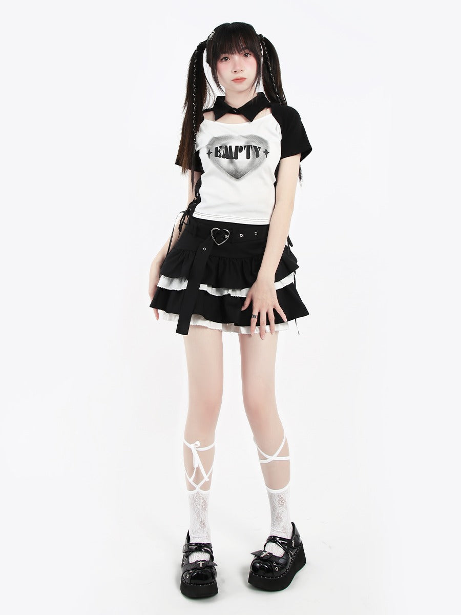 Black White Heart Print Split Polo Collar Top T-Shirt