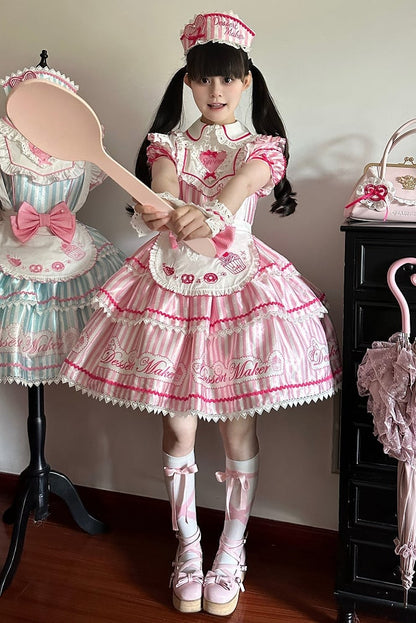 【6月18日予約締切】ピンク/ ブルー/ブラックスイートメイドロリータキャンディストライプティアードドレス＋ドレスセット1/2/3