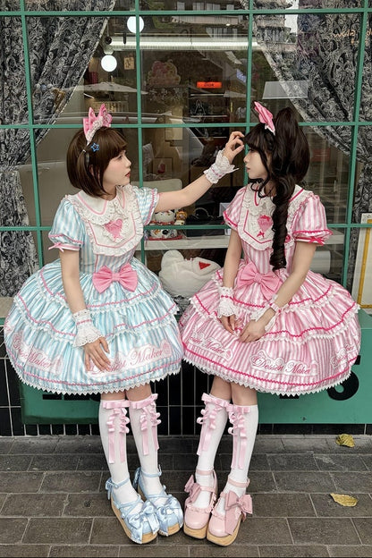 【6月18日予約締切】ピンク/ ブルー/ブラックスイートメイドロリータキャンディストライプティアードドレス＋ドレスセット1/2/3