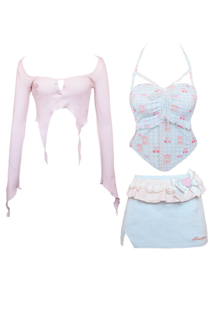 Candy Sweet Doll Print Suspenders + Pink Knit Cardigan + Blue Hip Skirt