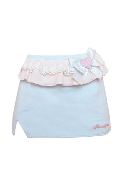 Candy Sweet Doll Print Suspenders + Pink Knit Cardigan + Blue Hip Skirt