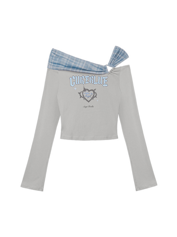 Blue Check Mesh One Shoulder Top