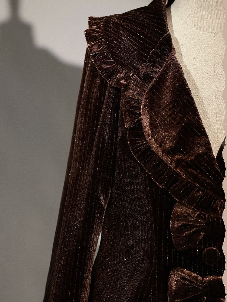 [Reservation Deadline: November 6] Navy Blue/Brown Classic Italian Travel Diary Lolita Silver Thread Velvet Stripe Ribbon Frill Jacket