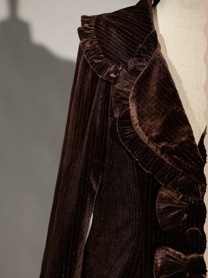 [Reservation Deadline: November 6] Navy Blue/Brown Classic Italian Travel Diary Lolita Silver Thread Velvet Stripe Ribbon Frill Jacket