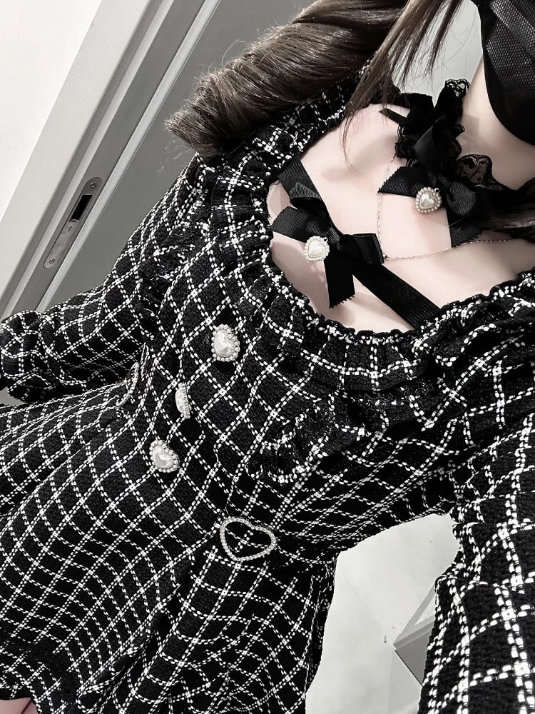 【12月18日予約締切】ジュエルリボンカラーレースチェックホワイトブラックドレスセットアップ