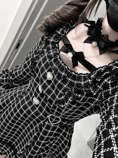 【12月18日予約締切】ジュエルリボンカラーレースチェックホワイトブラックドレスセットアップ