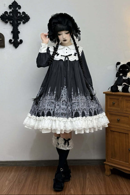 【10月13日予約締切】Gothic Doll Black White Cathedral Print Lace Trim Lolita Op Dress+ Full Dress Set (Flat Hat, Sash, Castle Flower Brooch)